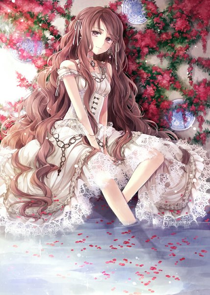 Anime picture 800x1120 with original hagiwara rin single long hair tall image brown hair sitting bare shoulders brown eyes wavy hair girl dress flower (flowers) earrings petals water white dress pendant chain jewelry