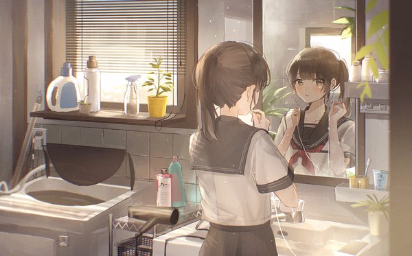 Anime-Bild 4096x2550 mit original oyuyu single long hair looking at viewer blush fringe highres open mouth brown hair wide image standing holding brown eyes payot absurdres ponytail indoors blunt bangs pleated skirt