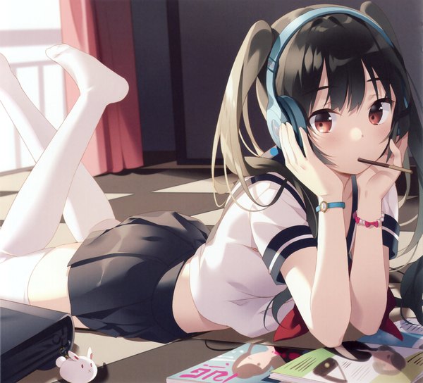 Anime picture 2135x1936 with original riv single long hair looking at viewer highres black hair red eyes twintails lying arm support on stomach hand on headphones girl thighhighs skirt uniform white thighhighs serafuku food