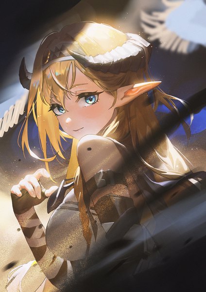 Anime picture 1200x1697 with arknights saileach (arknights) ttk (kirinottk) single long hair tall image looking at viewer fringe breasts blue eyes blonde hair hair between eyes upper body horn (horns) pointy ears blurry turning head girl gloves elbow gloves