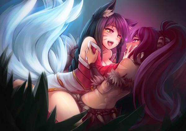 Anime picture 1280x905 with league of legends ahri (league of legends) nidalee (league of legends) ricegnat long hair blush fringe open mouth light erotic simple background sitting bare shoulders multiple girls animal ears yellow eyes cleavage ponytail tail bare legs facial mark