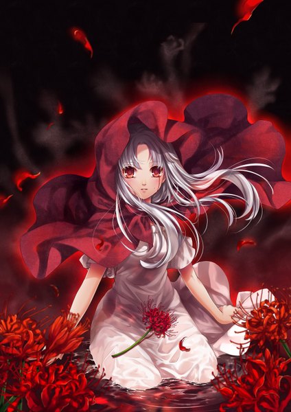 Anime picture 1000x1414 with sound horizon elysion lafrenze kingchenxi single long hair tall image red eyes silver hair glowing girl dress flower (flowers) hood blood