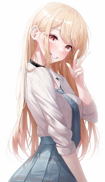 Anime picture 2280x3952 with sono bisque doll wa koi wo suru cloverworks kitagawa marin dalla (888 dalae) single long hair tall image looking at viewer blush fringe highres simple background blonde hair smile red eyes standing white background long sleeves head tilt grin