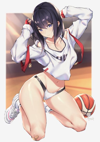 Anime picture 777x1100 with gridman universe ssss.gridman studio trigger takarada rikka parfaitlate single long hair tall image looking at viewer blush fringe light erotic black hair hair between eyes purple eyes signed full body indoors head tilt arms up