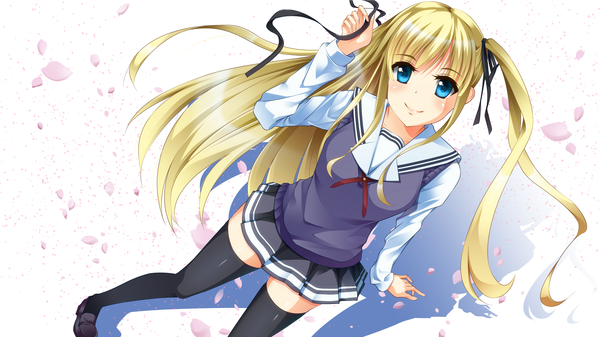 Anime picture 1920x1080 with saenai heroine no sodatekata a-1 pictures sawamura spencer eriri neko neko koneko single long hair looking at viewer blush highres blonde hair smile wide image shadow girl thighhighs skirt uniform ribbon (ribbons) black thighhighs hair ribbon