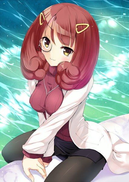 Anime picture 803x1125 with aoki hagane no arpeggio hyuga (aoki hagane no arpeggio) komone ushio single long hair tall image looking at viewer blush light erotic yellow eyes red hair girl skirt pantyhose black pantyhose labcoat monocle