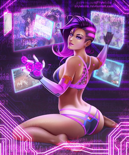 Anime picture 833x1000 with league of legends overwatch blizzard entertainment ahri (league of legends) sombra (overwatch) veigar (league of legends) olga narhova single tall image breasts light erotic sitting purple eyes bare shoulders signed looking away purple hair full body bent knee (knees) ass