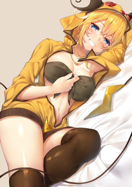 Anime picture 566x800 with pokemon original nintendo raichu yappen single tall image looking at viewer blush fringe short hair breasts open mouth blue eyes light erotic simple background blonde hair smile hair between eyes large breasts