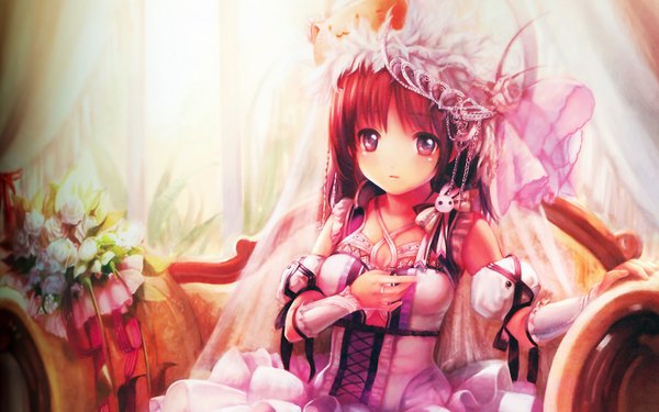Anime picture 1440x900 with xueyinye (elda) single blush fringe wide image sitting red hair hair flower girl hair ornament flower (flowers) plant (plants) detached sleeves window ring couch crown corset veil
