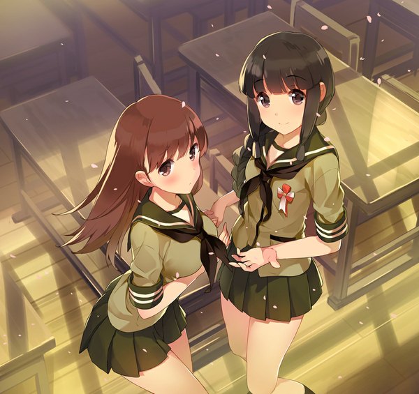 Anime picture 1000x942 with kantai collection kitakami light cruiser ooi light cruiser tousaki umiko long hair looking at viewer blush fringe breasts black hair brown hair large breasts standing purple eyes brown eyes payot bent knee (knees) indoors braid (braids) from above