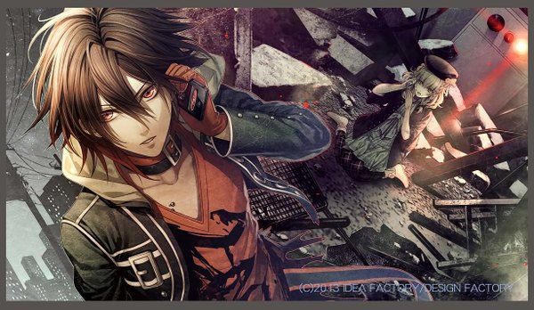 Anime picture 1228x714 with amnesia idea factory heroine (amnesia) shin (amnesia) looking at viewer fringe short hair open mouth black hair blonde hair red eyes brown hair wide image scan open clothes open jacket official art kneeling city destruction