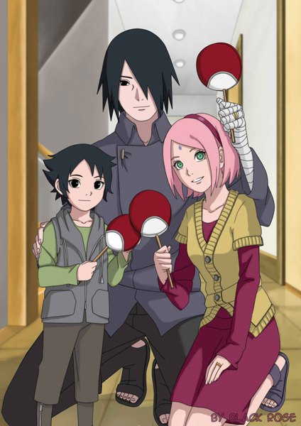 Anime picture 1518x2150 with naruto studio pierrot naruto (series) uchiha sasuke haruno sakura uchiha satoshi blackrose tall image looking at viewer fringe short hair open mouth black hair smile standing holding green eyes signed pink hair indoors