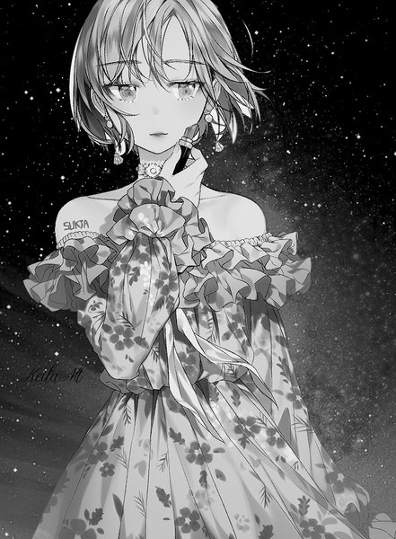 Anime picture 736x1000 with original sorolp keila50 single tall image fringe short hair hair between eyes bare shoulders signed looking away upper body long sleeves lips night sky lipstick floral print monochrome frilled dress milky way