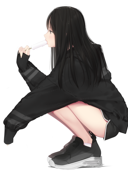 Anime picture 1198x1600 with original ama mitsuki single long hair tall image fringe black hair simple background white background looking away full body long sleeves profile black eyes sleeves past wrists squat eating hands in sleeves girl food