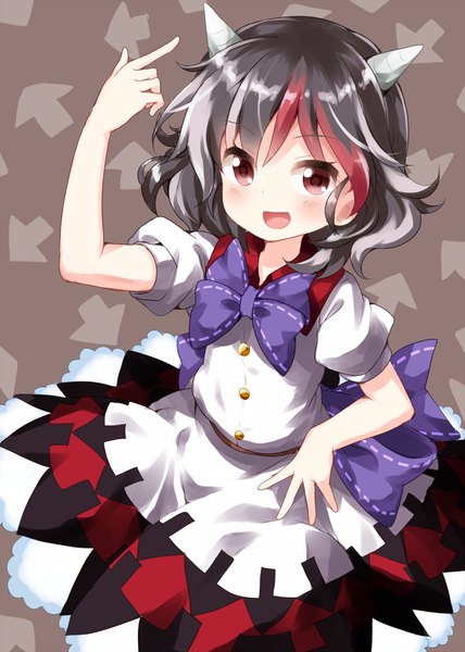 Anime picture 1000x1400 with touhou kijin seija ruu (tksymkw) single tall image blush fringe short hair open mouth black hair hair between eyes red eyes :d multicolored hair horn (horns) from above puffy sleeves streaked hair girl bow