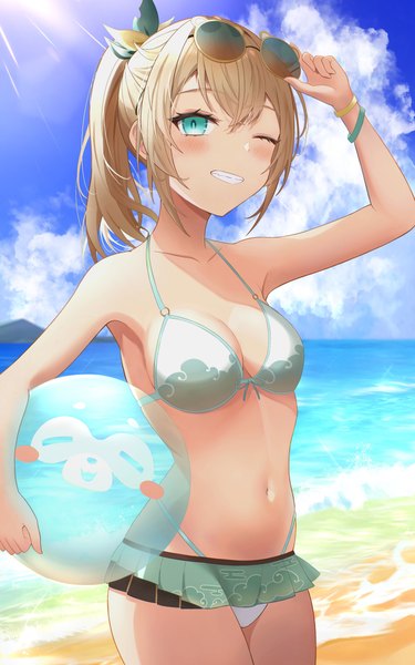 Anime picture 2337x3742 with virtual youtuber hololive kazama iroha sugarillust single long hair tall image looking at viewer blush fringe highres breasts blue eyes light erotic blonde hair smile hair between eyes standing payot sky