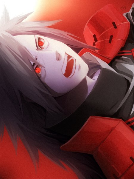 Anime picture 600x800 with naruto studio pierrot naruto (series) uchiha madara single long hair tall image looking at viewer open mouth black hair red eyes teeth eyebrows red background angry sharingan boy armor