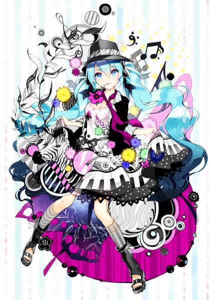 Anime picture 864x1234 with vocaloid hatsune miku cherrypin single tall image looking at viewer twintails very long hair aqua eyes aqua hair wavy hair girl dress flower (flowers) hat animal boots insect butterfly musical note