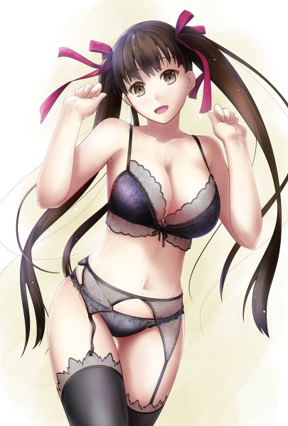 Anime picture 810x1200 with original yoshida takuma single long hair tall image looking at viewer open mouth light erotic brown hair white background twintails brown eyes underwear only girl thighhighs navel underwear panties ribbon (ribbons) black thighhighs