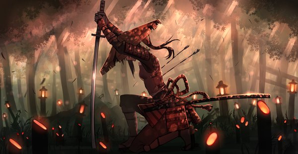 Anime picture 2352x1218 with original pasoputi single long hair highres wide image ponytail silhouette samurai girl gloves weapon plant (plants) hat sword tree (trees) armor katana knee socks forest