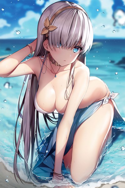 Anime-Bild 1400x2098 mit fate (series) fate/grand order anastasia (fate) necomi (gussan) single long hair tall image looking at viewer blush fringe breasts blue eyes light erotic large breasts bare shoulders sky cleavage silver hair cloud (clouds) full body