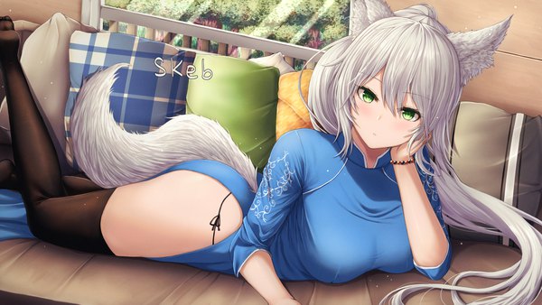 Anime picture 2304x1296 with original buran (22x) single long hair looking at viewer blush fringe highres breasts light erotic hair between eyes wide image large breasts green eyes signed animal ears payot silver hair bent knee (knees) ponytail