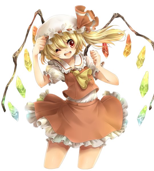 Anime picture 1488x1654 with touhou flandre scarlet rojiko single tall image short hair open mouth simple background blonde hair red eyes white background one eye closed wink one side up girl skirt hat wings bonnet skirt set