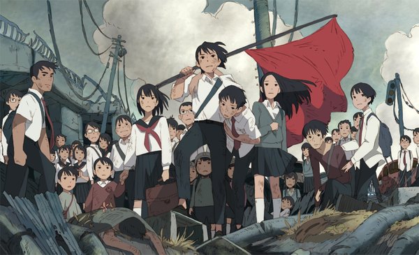 Anime picture 1501x915 with original q; (artist) long hair short hair black hair wide image multiple girls sky cloud (clouds) black eyes ruins girl boy uniform school uniform glasses necktie school bag child (children) flag