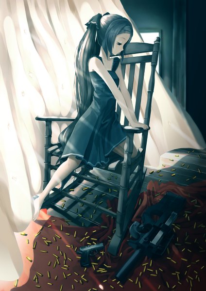 Anime picture 1000x1414 with original throtem single long hair tall image black hair sitting looking away barefoot wind black eyes bare legs shadow looking down girl dress weapon gun curtains chair