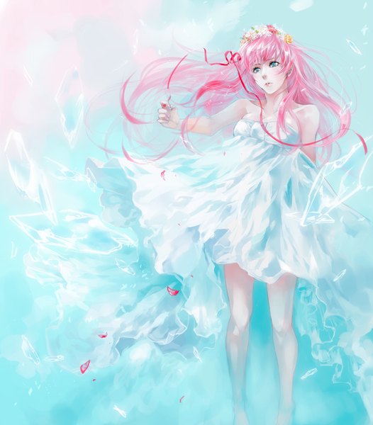 Anime picture 1888x2153 with vocaloid just be friends (vocaloid) megurine luka anyueh single long hair tall image highres blue eyes bare shoulders pink hair wind girl dress ribbon (ribbons) petals wreath