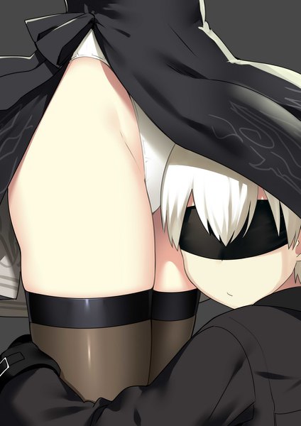 Anime picture 849x1200 with nier nier:automata yorha no. 2 type b yorha no. 9 type s sky-freedom tall image fringe short hair light erotic simple background standing white hair grey background thighs blindfold girl thighhighs dress boy gloves