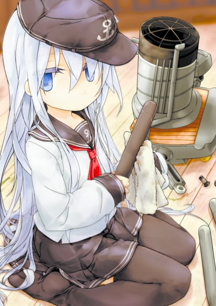 Anime picture 2480x3507 with kantai collection hibiki destroyer ayuyanaka no hito single long hair tall image looking at viewer highres blue eyes sitting white hair no shoes wariza girl skirt miniskirt pantyhose cap sailor suit anchor symbol