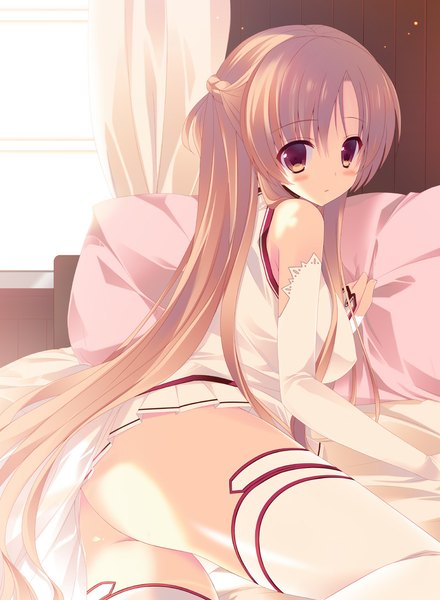 Anime picture 800x1091 with sword art online a-1 pictures yuuki asuna mitsu king single long hair tall image looking at viewer blush light erotic brown hair bare shoulders brown eyes ass girl thighhighs detached sleeves white thighhighs bed