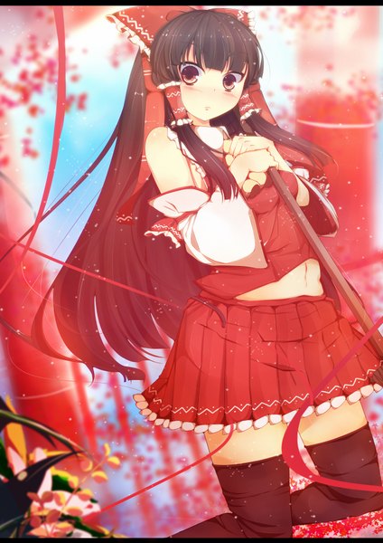 Anime picture 1400x1980 with touhou hakurei reimu benio (dontsugel) single long hair tall image black hair red eyes bare shoulders girl thighhighs bow ribbon (ribbons) black thighhighs hair bow detached sleeves