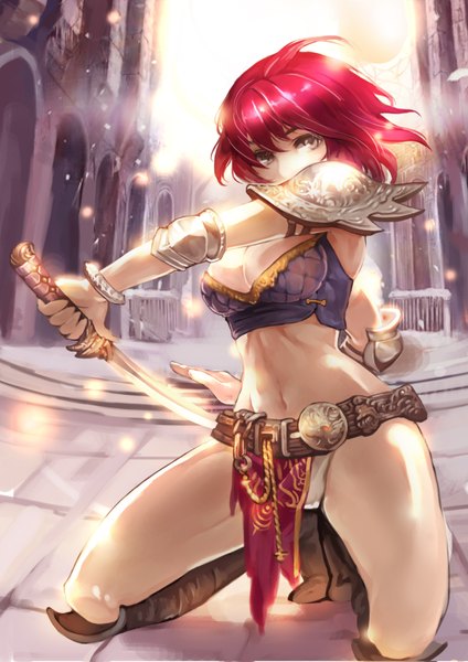 Anime picture 1500x2122 with zzoggomini single tall image fringe short hair breasts light erotic holding looking away red hair midriff glowing fighting stance girl navel underwear panties weapon sword boots