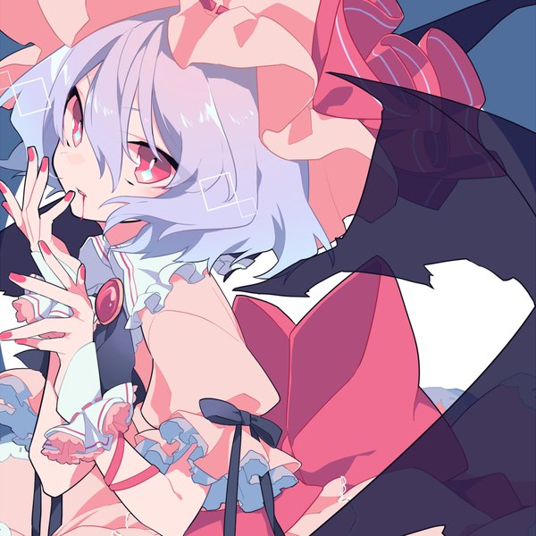 Anime picture 1000x1000 with touhou remilia scarlet mochizuki kei single looking at viewer fringe short hair white background purple hair nail polish pink eyes from above finger to mouth red nail polish girl wings frills blood bonnet neckerchief