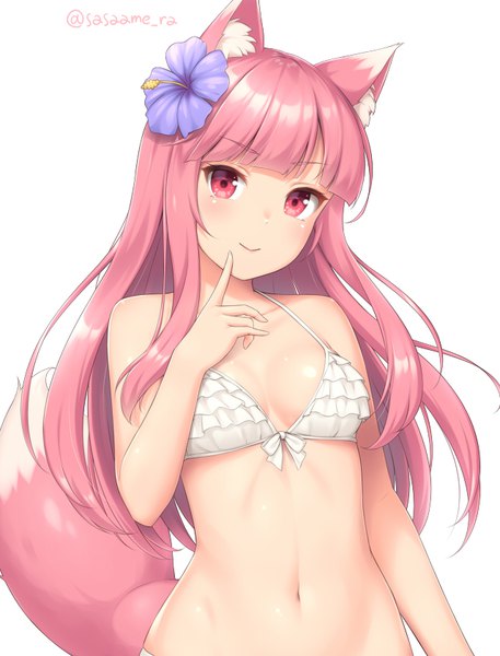 Anime picture 640x840 with original sasaame single long hair tall image looking at viewer blush fringe breasts light erotic simple background smile white background bare shoulders signed animal ears pink hair cleavage tail blunt bangs