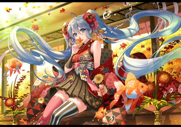 Anime picture 1200x843 with vocaloid hatsune miku michi (iawei) single looking at viewer fringe blue eyes hair between eyes sitting twintails blue hair ahoge very long hair traditional clothes japanese clothes underwater covered mouth different thighhighs girl thighhighs