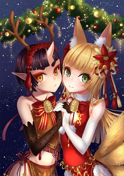 Anime picture 707x1000 with original uka (artist) long hair tall image looking at viewer blush short hair black hair blonde hair smile bare shoulders green eyes animal ears yellow eyes tail animal tail horn (horns) pointy ears fox ears holding hands