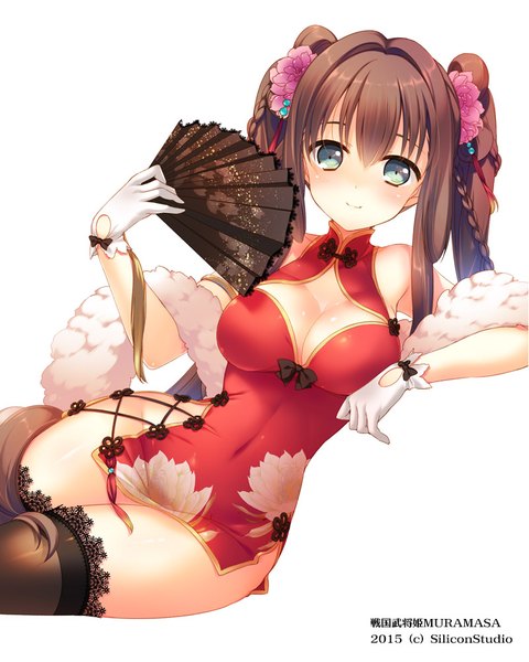 Anime picture 800x1000 with sengoku bushouki muramasa mizuno (suisuiw) single long hair tall image looking at viewer blush breasts blue eyes light erotic simple background brown hair white background twintails traditional clothes hair flower chinese clothes girl thighhighs gloves