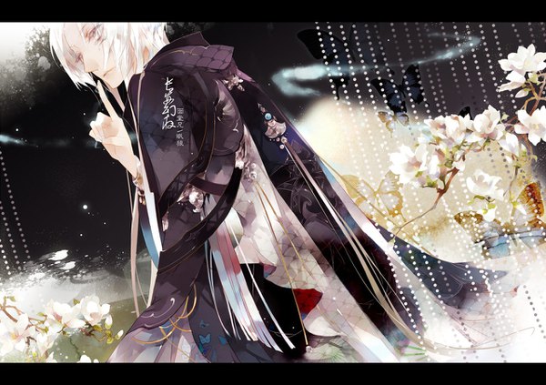 Anime picture 1280x904 with mythical nights in chang'an mlcamaro single long hair looking away outdoors white hair traditional clothes looking back inscription finger to mouth chinese clothes letterboxed expressionless white eyes boy flower (flowers) bracelet insect butterfly