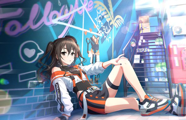 Anime picture 1280x824 with idolmaster idolmaster cinderella girls idolmaster cinderella girls starlight stage sunazuka akira single long hair looking at viewer fringe black hair hair between eyes sitting brown eyes payot bent knee (knees) outdoors nail polish sunlight off shoulder mole arm support