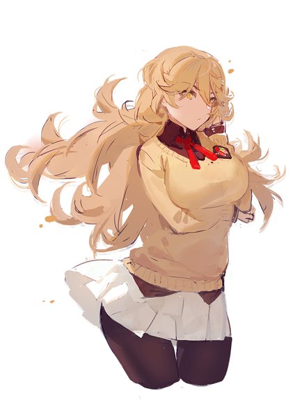 Anime picture 781x1080 with original kishiyo single long hair tall image fringe breasts simple background blonde hair hair between eyes large breasts white background yellow eyes looking away wind breast hold girl skirt uniform school uniform