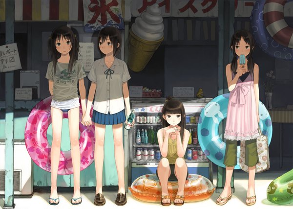 Anime picture 4175x2976 with original kishida mel long hair looking at viewer blush highres short hair black hair sitting multiple girls looking away absurdres pleated skirt black eyes holding hands wet clothes summer girl swimsuit food