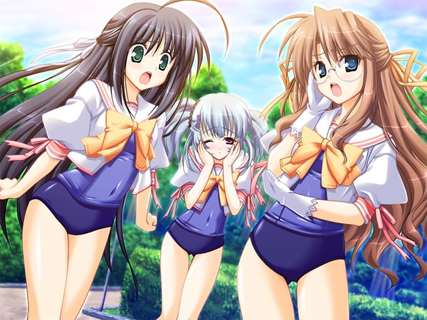 Anime picture 1200x900 with gakuto (game) long hair blue eyes black hair red eyes brown hair twintails multiple girls green eyes game cg one eye closed grey hair wink girl swimsuit glasses 3 girls one-piece swimsuit school swimsuit