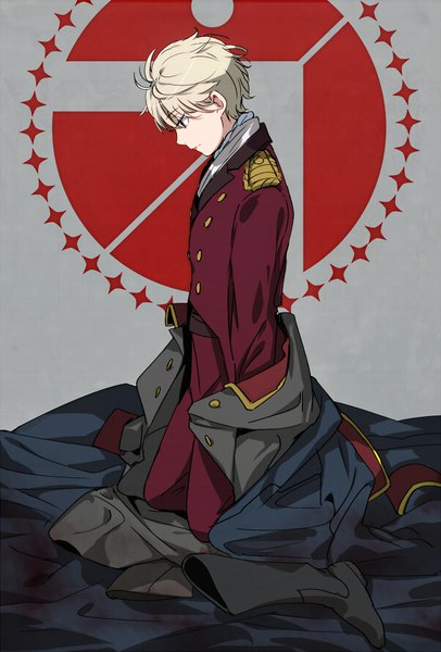 Anime picture 600x885 with aldnoah.zero a-1 pictures slaine troyard ichinose777 single tall image fringe short hair blonde hair hair between eyes profile black eyes kneeling looking down shoes removed blood stains clothes on floor boy uniform blood