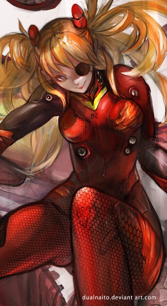 Anime picture 700x1282 with neon genesis evangelion gainax soryu asuka langley dualnaito single long hair tall image looking at viewer blue eyes smile horn (horns) orange hair inscription :> girl bodysuit eyepatch pilot suit