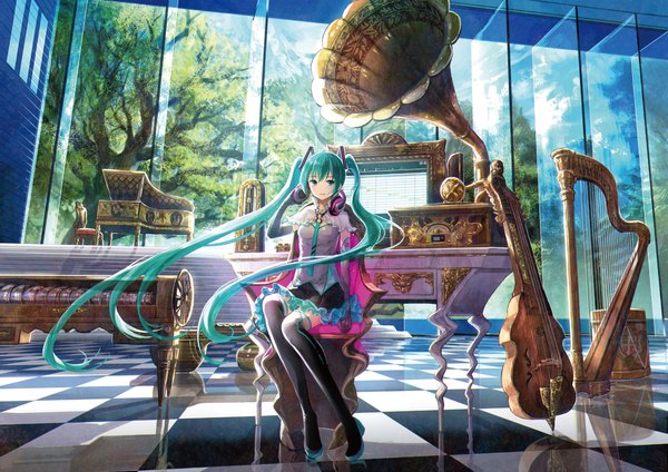Anime picture 1597x1129 with vocaloid hatsune miku fuzichoco single looking at viewer sitting twintails very long hair aqua eyes light smile aqua hair checkered floor floor headphones around neck hand on headphones girl thighhighs skirt gloves hair ornament