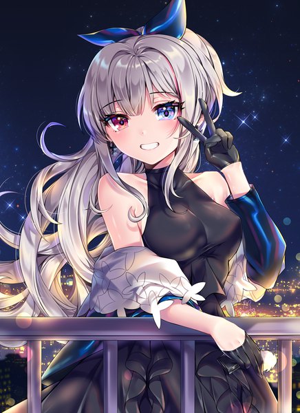Anime picture 1600x2200 with girls frontline mdr (girls frontline) xes (xes 5377) single long hair tall image looking at viewer blush fringe breasts blue eyes smile hair between eyes red eyes standing bare shoulders signed payot silver hair outdoors
