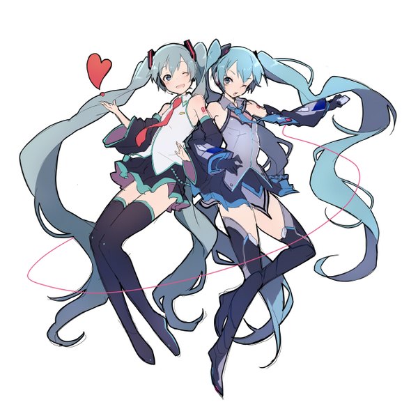 Anime picture 1253x1253 with vocaloid hatsune miku umiko (munemiu) open mouth simple background white background twintails multiple girls looking away very long hair one eye closed aqua eyes wink aqua hair dual persona girl gloves 2 girls detached sleeves black gloves
